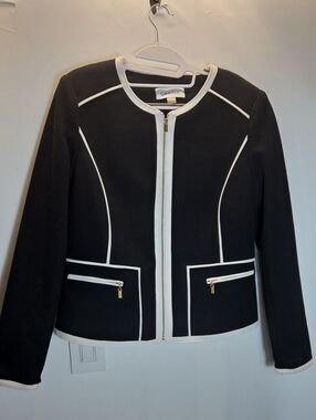 Calvin Klein Black Jacket with White Trim and Gold Zippers Size 8